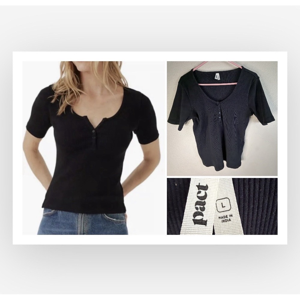 Pact Organic Cotton Favorite Rib Henley Top Black Women's Large L Short Sleeve